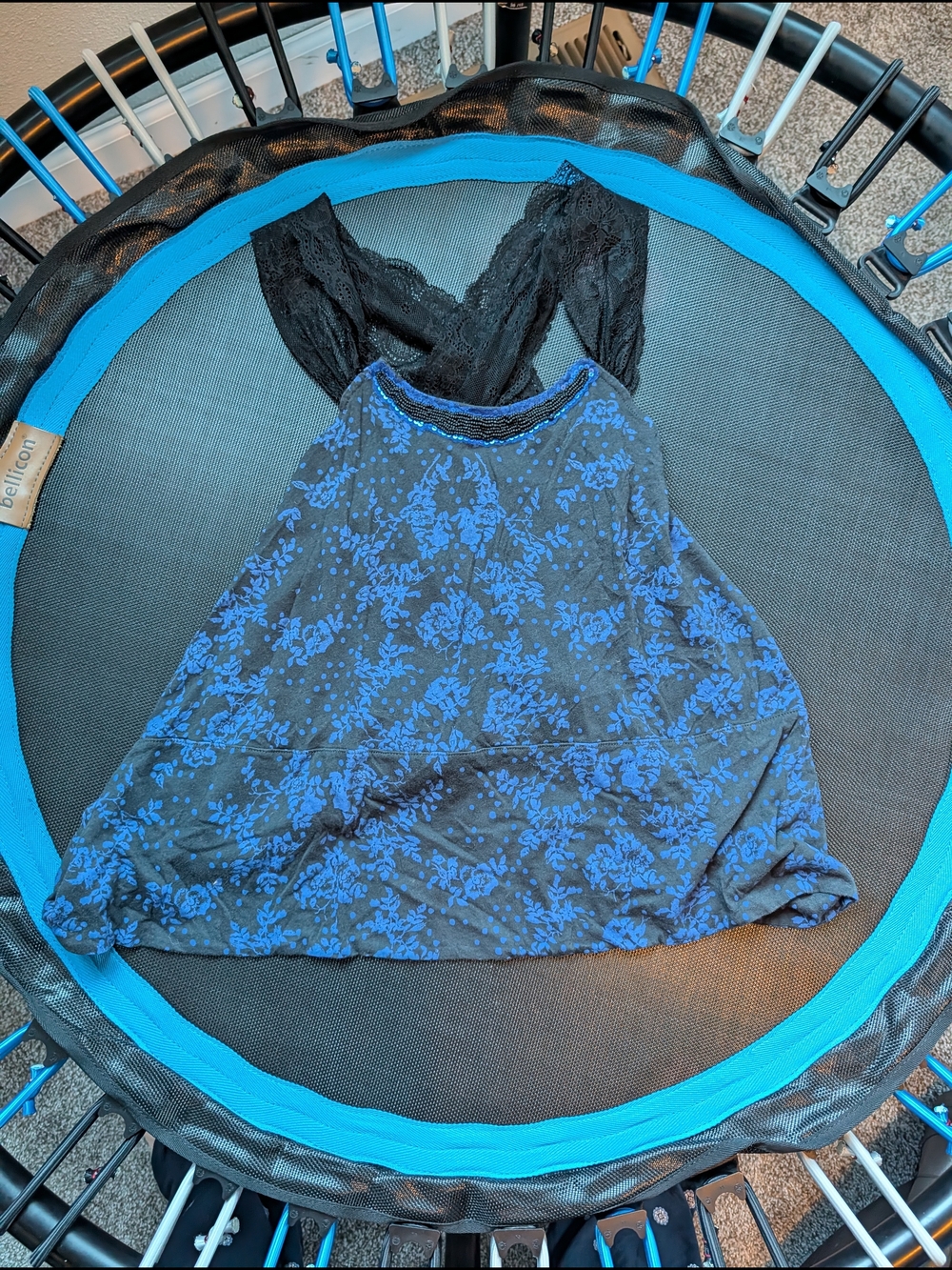 Free People Women's Black Tank Top with Blue Floral Print and Lace Straps